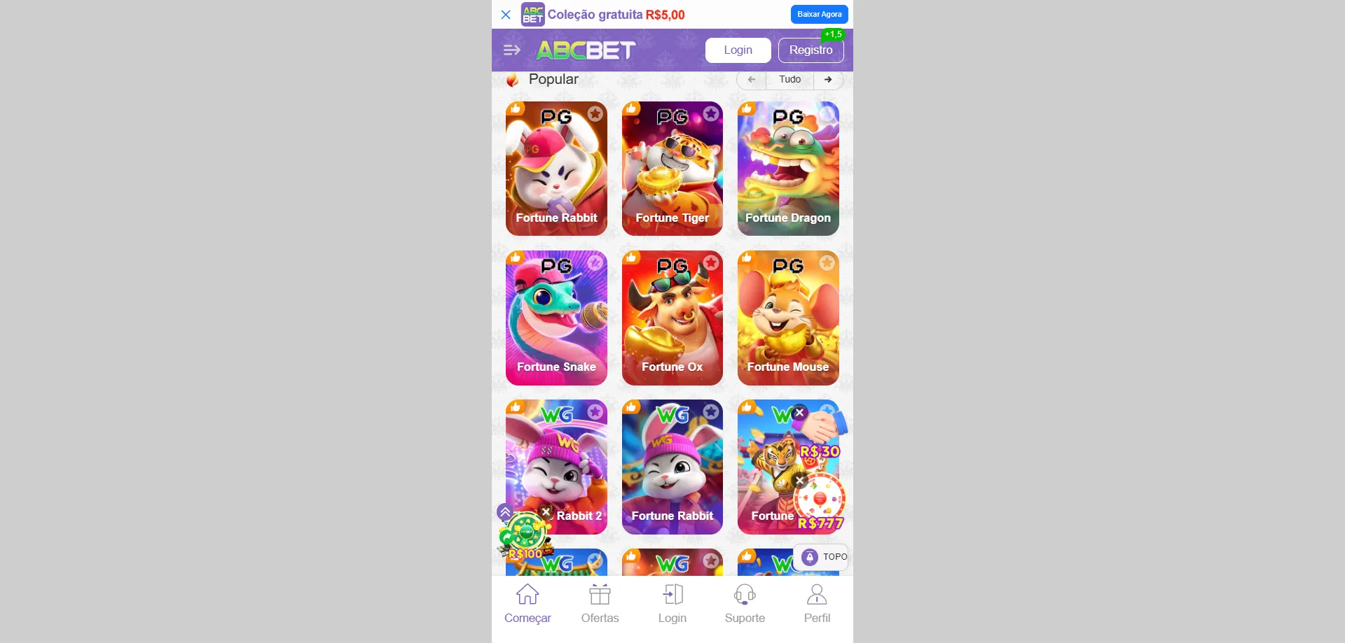Jogos de cassino e slots no abcbet app para celular