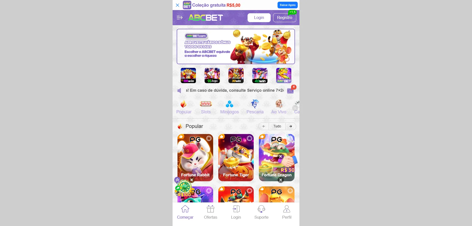Visão geral da plataforma Abcbet Casino no celular